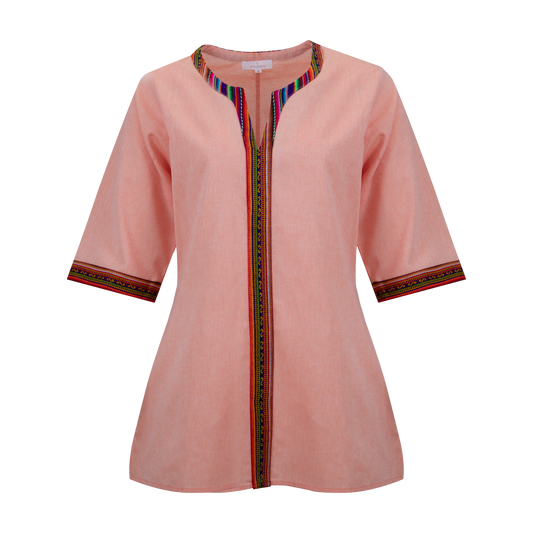 Peach Cotton Nehru Shirt With Colourful Trim