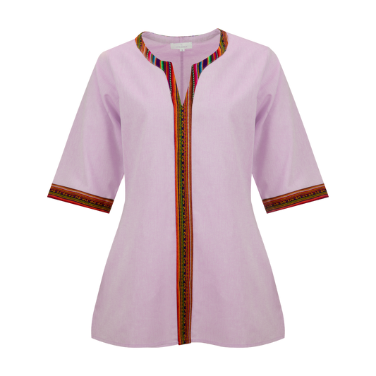 Lilac Cotton Nehru Shirt With Colourful Trim