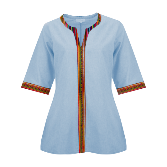 Blue Cotton Nehru Shirt With Colourful Trim