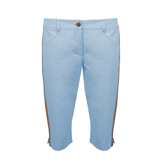 Blue Cotton Capri Trousers With Colourful Trim