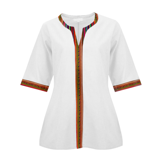 White Cotton Nehru Shirt With Colourful Trim