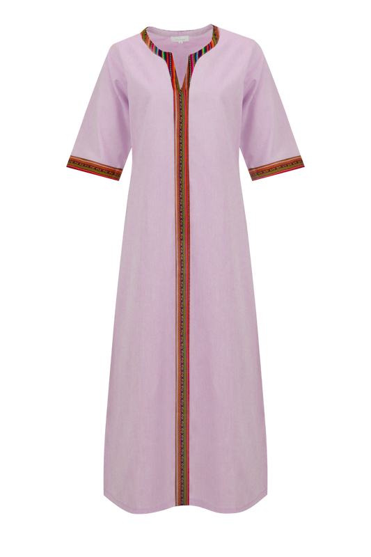 Lilac Cotton Nehru Kaftan Dress Dress With Colourful Trim