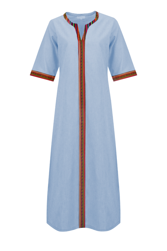 Blue Cotton Nehru Kaftan Dress With Colourful Trim