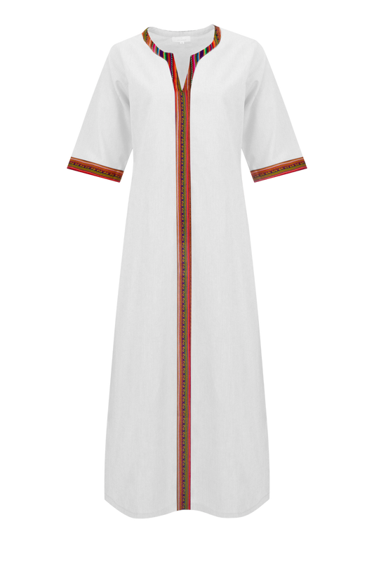 White Cotton Nehru Kaftan Dress With Colourful Trim