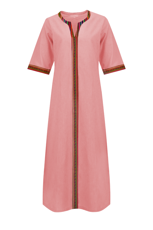 Peach Cotton Nehru Kaftan Dress With Colourful Trim